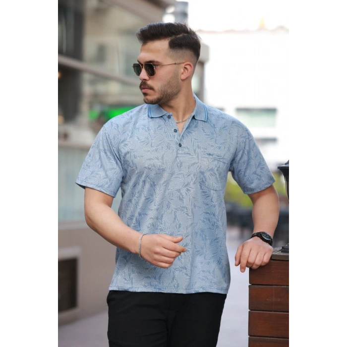 Erkek Yakalı Jakar Baskılı Kısa Kollu Tshirt