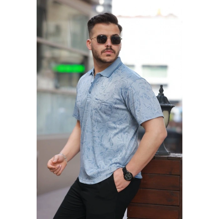 Erkek Yakalı Jakar Baskılı Kısa Kollu Tshirt