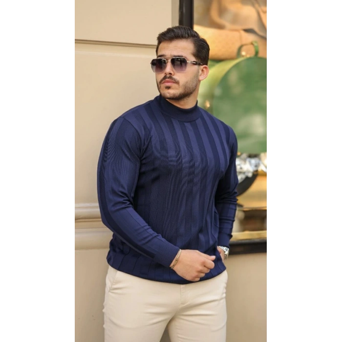 Erkek Yarım Balıkçı Yaka Kabartma Desenli Triko