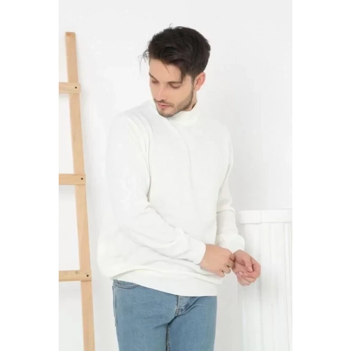 Erkek Yarım Balıkçı Yaka Triko Kazak  Beyaz