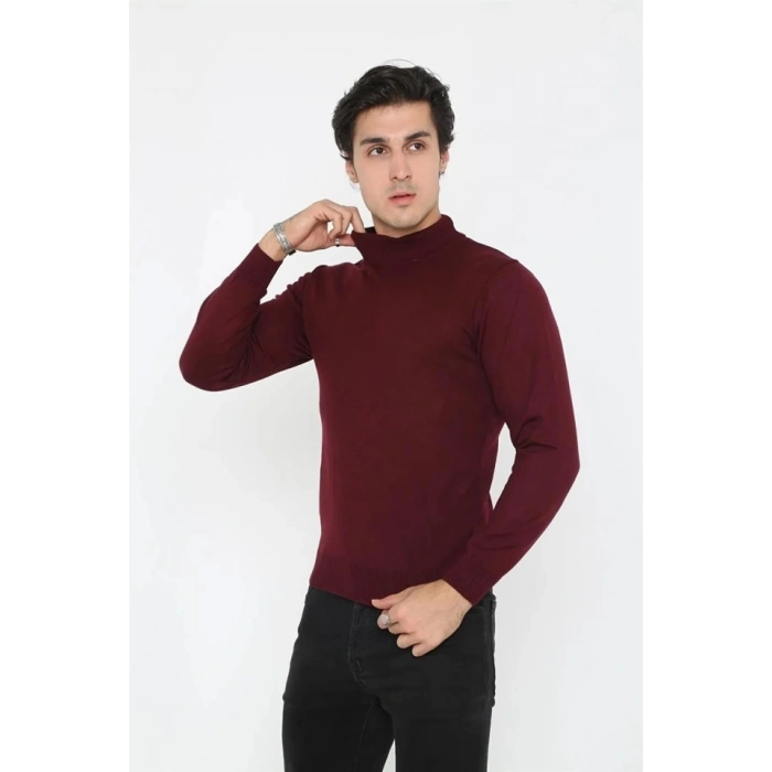 Erkek Yarım Balıkçı Yaka Triko Kazak  Bordo