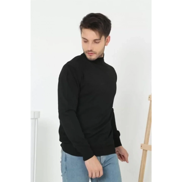 Erkek Yarım Balıkçı Yaka Triko Kazak  Siyah