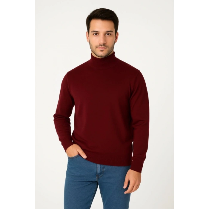 Erkek Yarım Boğaz Triko Kazak Yumuşak Dokulu Pamuklu Ince Dokuma, Uzun Kollu Rahat Regular Kalıp  Bordo