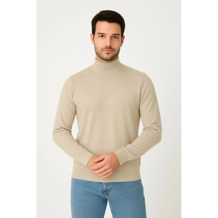 Erkek Yarım Boğaz Triko Kazak Yumuşak Dokulu Pamuklu Ince Dokuma, Uzun Kollu Rahat Regular Kalıp  Bej