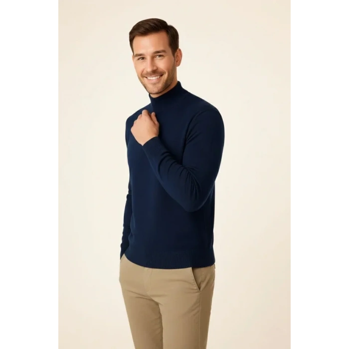 Erkek Yarım Boğaz Triko Kazak Yumuşak Dokulu Pamuklu Ince Dokuma, Uzun Kollu Rahat Regular Kalıp  acivert