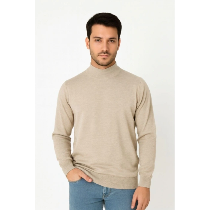 Erkek Yarım Boğaz Triko Kazak Yumuşak Dokulu Pamuklu Ince Dokuma, Uzun Kollu Rahat Regular Kalıp  Bej