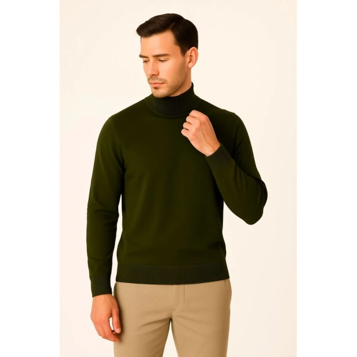 Erkek Yarım Boğaz Triko Kazak Yumuşak Dokulu Pamuklu Ince Dokuma, Uzun Kollu Rahat Regular Kalıp  Haki