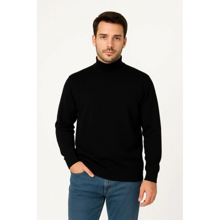 Erkek Yarım Boğaz Triko Kazak Yumuşak Dokulu Pamuklu Ince Dokuma, Uzun Kollu Rahat Regular Kalıp  iyah