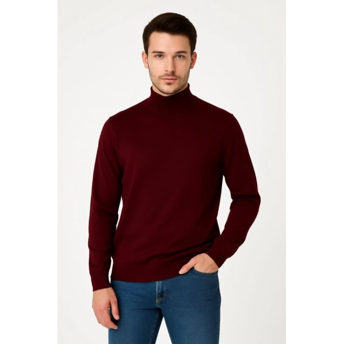 Erkek Yarım Boğaz Triko Kazak Yumuşak Dokulu Pamuklu Ince Dokuma, Uzun Kollu Rahat Regular Kalıp  Bordo