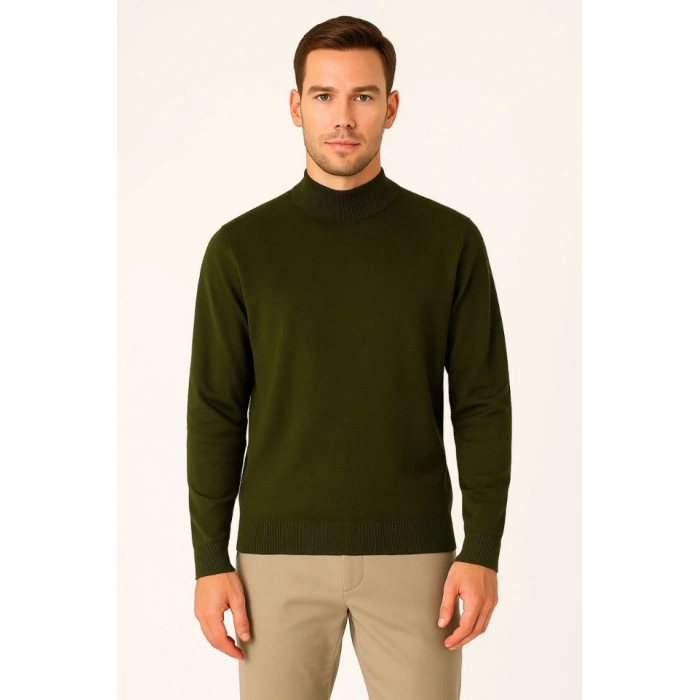 Erkek Yarım Boğaz Triko Kazak Yumuşak Dokulu Pamuklu Ince Dokuma, Uzun Kollu Rahat Regular Kalıp  Haki