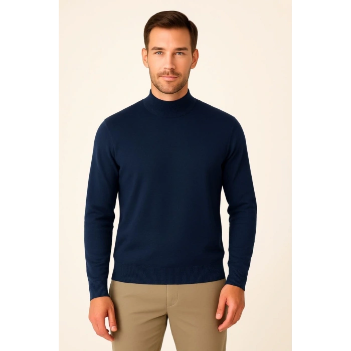 Erkek Yarım Boğaz Triko Kazak Yumuşak Dokulu Pamuklu Ince Dokuma, Uzun Kollu Rahat Regular Kalıp  acivert