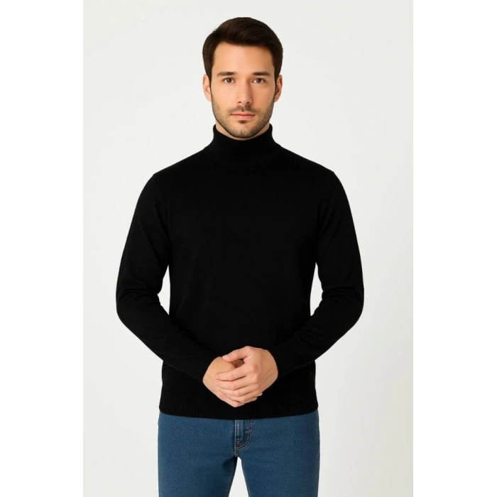 Erkek Yarım Boğaz Triko Kazak Yumuşak Dokulu Pamuklu Ince Dokuma, Uzun Kollu Rahat Regular Kalıp  iyah