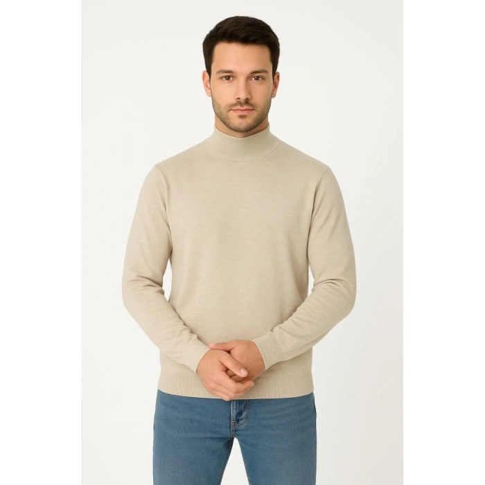 Erkek Yarım Boğaz Triko Kazak Yumuşak Dokulu Pamuklu Ince Dokuma, Uzun Kollu Rahat Regular Kalıp  Bej