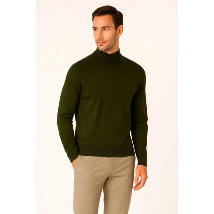 Erkek Yarım Boğaz Triko Kazak Yumuşak Dokulu Pamuklu Ince Dokuma, Uzun Kollu Rahat Regular Kalıp  Haki