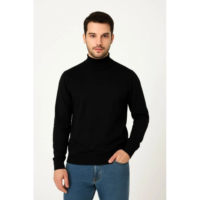 Erkek Yarım Boğaz Triko Kazak Yumuşak Dokulu Pamuklu Ince Dokuma, Uzun Kollu Rahat Regular Kalıp  iyah