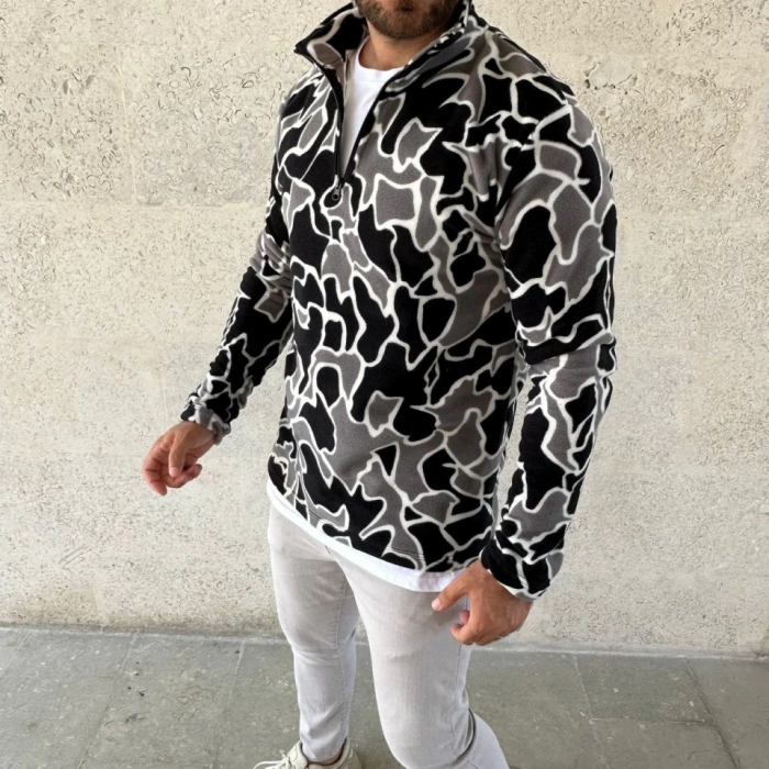 Erkek Yarım Fermuarlı Desenli Polar weat Yakalı, Uzun Kollu, Oversize Rahat Kalıp  iyah