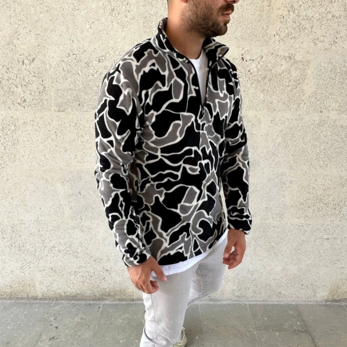 Erkek Yarım Fermuarlı Desenli Polar weat Yakalı, Uzun Kollu, Oversize Rahat Kalıp  iyah