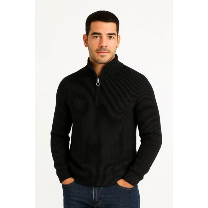 Erkek Yarım Fermuarlı Triko Kazak – elanik Örgü, Dik Yaka, Pamuklu Dokuma, Regular Fit Uzun Kollu Kışlık odel  iyah