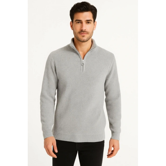 Erkek Yarım Fermuarlı Triko Kazak – elanik Örgü, Dik Yaka, Pamuklu Dokuma, Regular Fit Uzun Kollu Kışlık odel  Gri