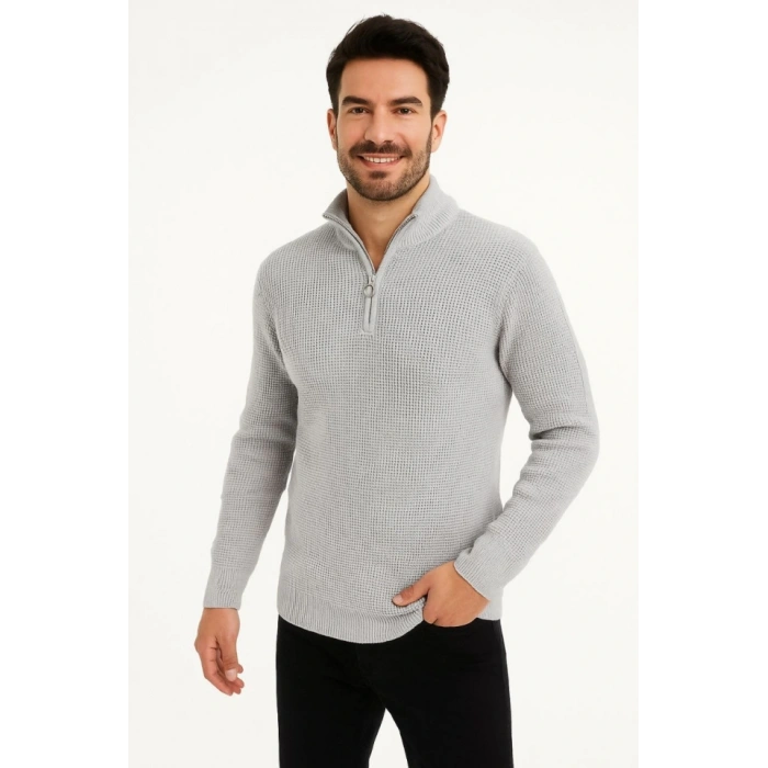 Erkek Yarım Fermuarlı Triko Kazak – elanik Örgü, Dik Yaka, Pamuklu Dokuma, Regular Fit Uzun Kollu Kışlık odel  Gri