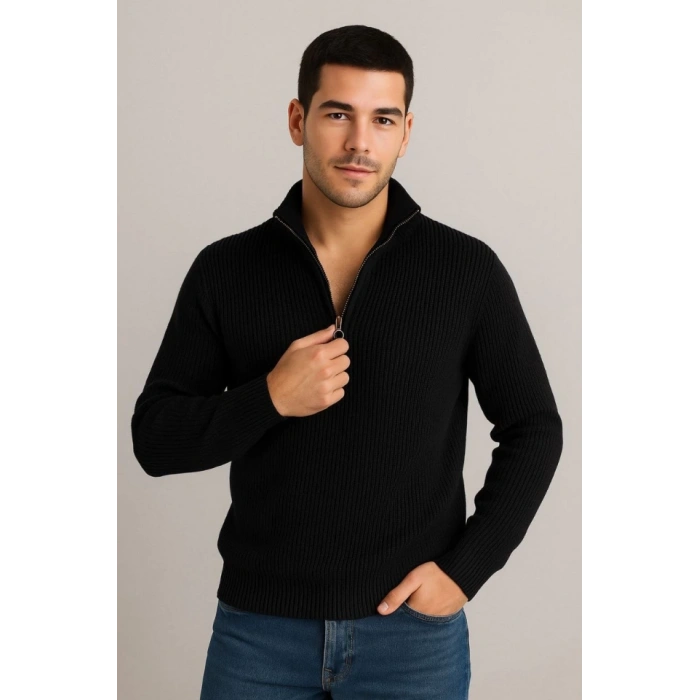 Erkek Yarım Fermuarlı Triko Kazak – elanik Örgü, Dik Yaka, Pamuklu Dokuma, Regular Fit Uzun Kollu Kışlık odel  iyah