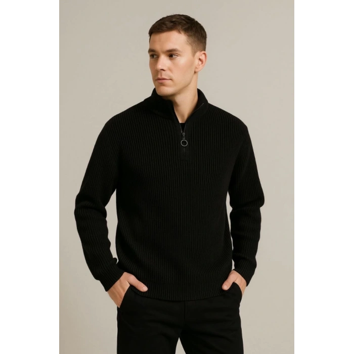 Erkek Yarım Fermuarlı Triko Kazak – elanik Örgü, Dik Yaka, Pamuklu Dokuma, Regular Fit Uzun Kollu Kışlık odel  iyah