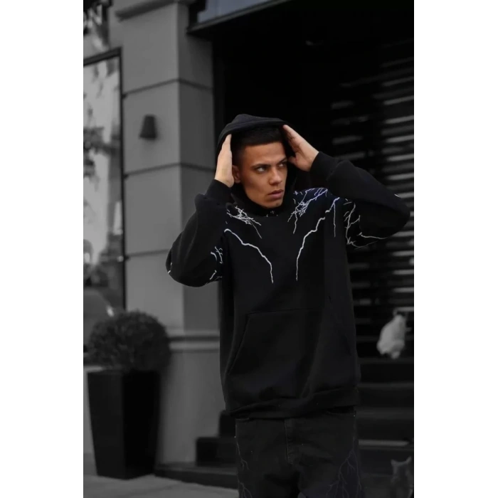 Erkek Yıldırım Baskılı weat Kapşonlu  iyah