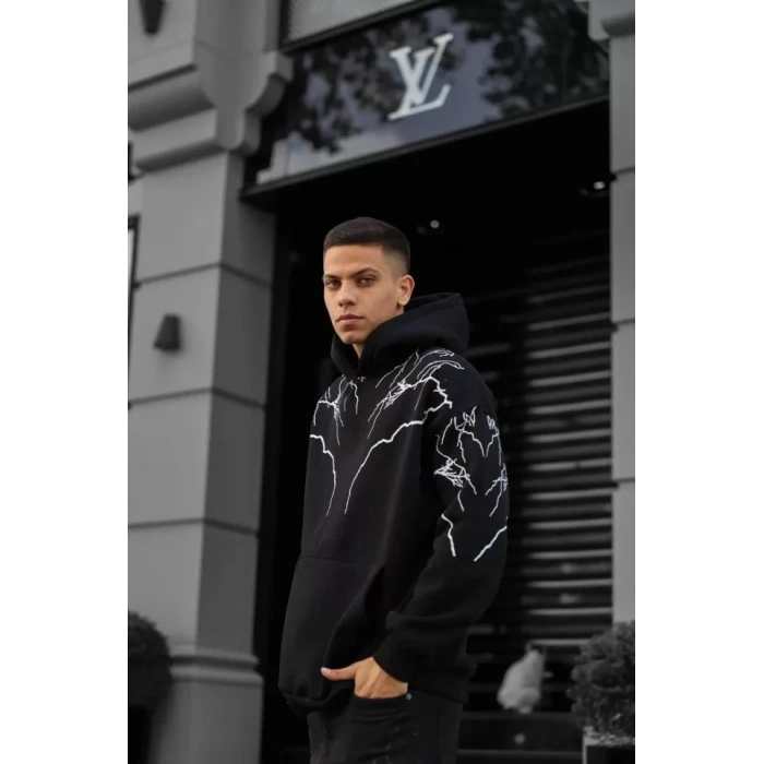 Erkek Yıldırım Baskılı weat Kapşonlu  iyah