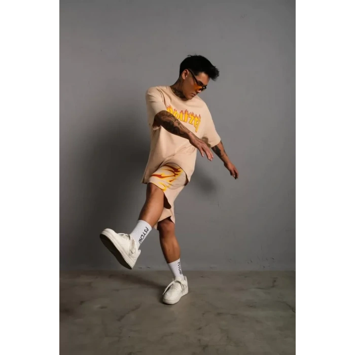 Erkek Alev Baskılı İkili Şortlu Takım  Bej