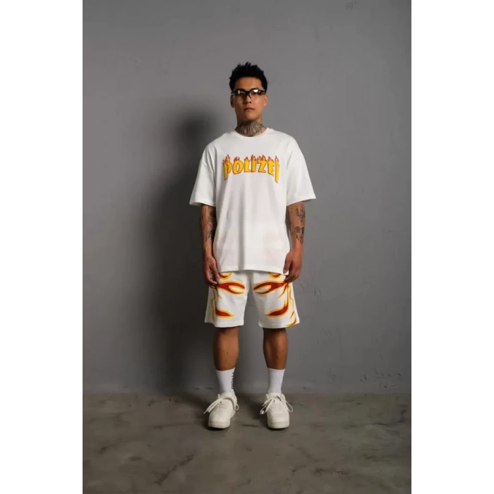 Erkek Alev Baskılı İkili Şortlu Takım  Beyaz