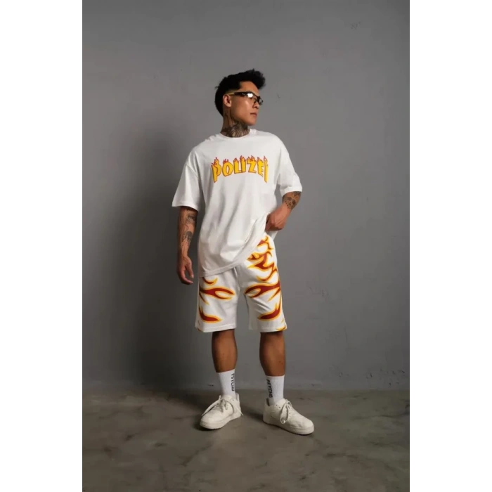 Erkek Alev Baskılı İkili Şortlu Takım  Beyaz