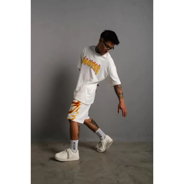 Erkek Alev Baskılı İkili Şortlu Takım  Beyaz