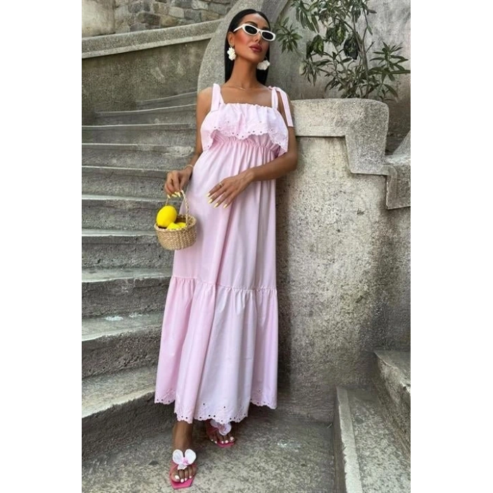 Etek Ucu Brode Nakışlı Boyundan Bağlamalı Elbise 2881