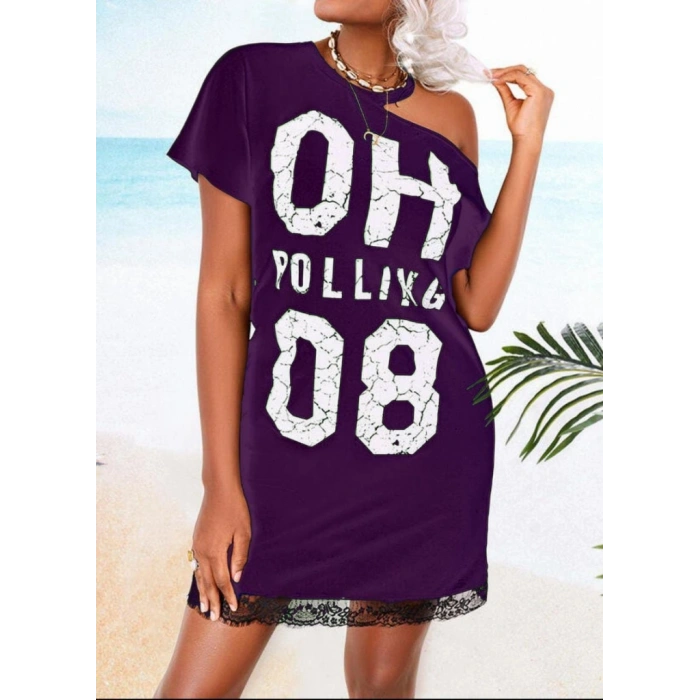 Etek Ucu Dantelli Tek Omuz Açık Yazı Baskılı Viskon Mini Elbise