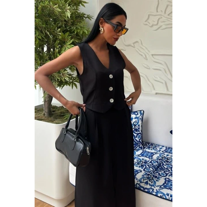 Etek Yırtmaçlı Yelekli Keten Takım 10131