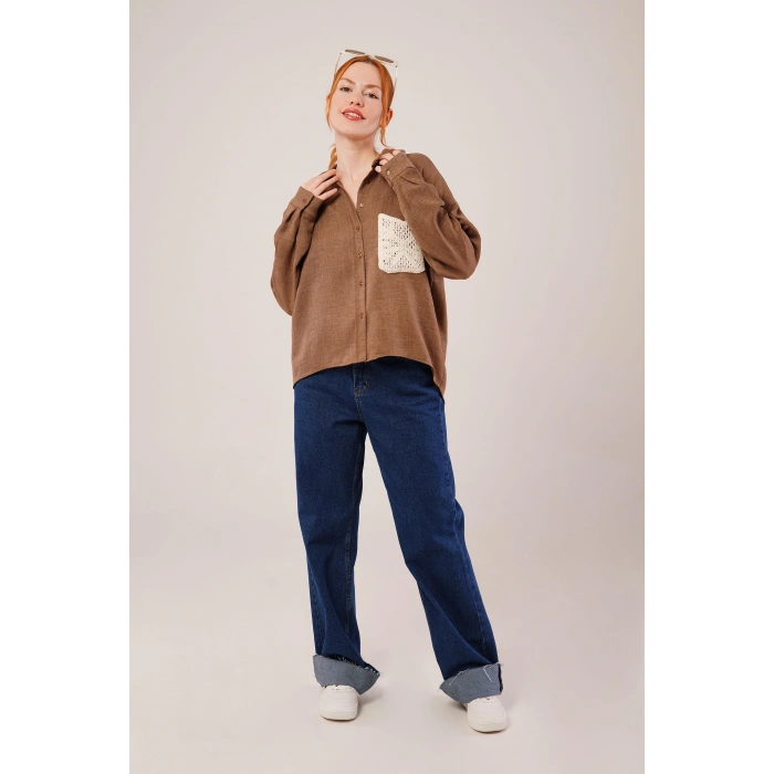 Etnik Cep Detaylı Kahverengi Gömlek