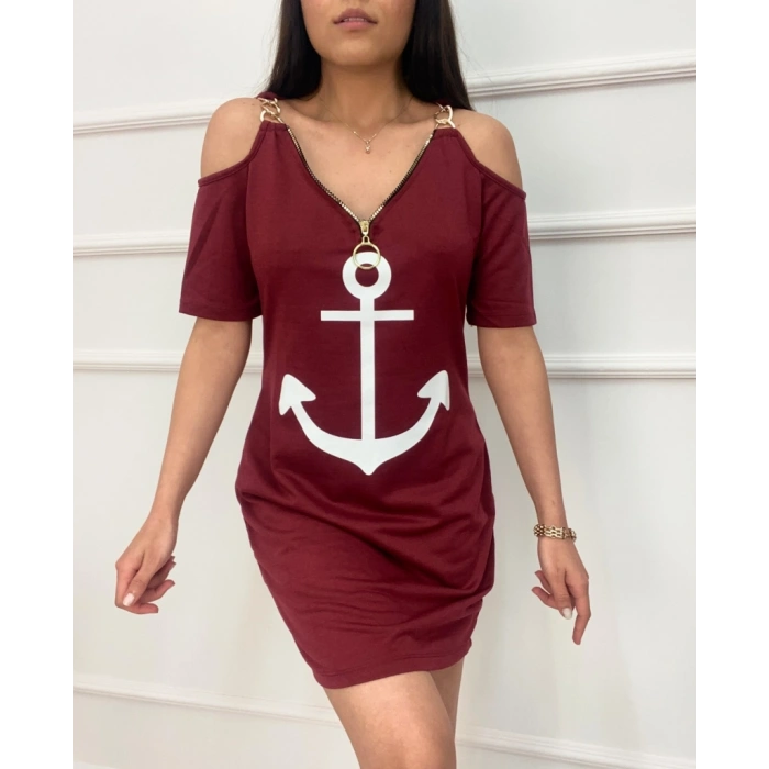 Fermuar Detay çıpa Baskılı Zincir Askılı Iki Iplik Elbise  Bordo