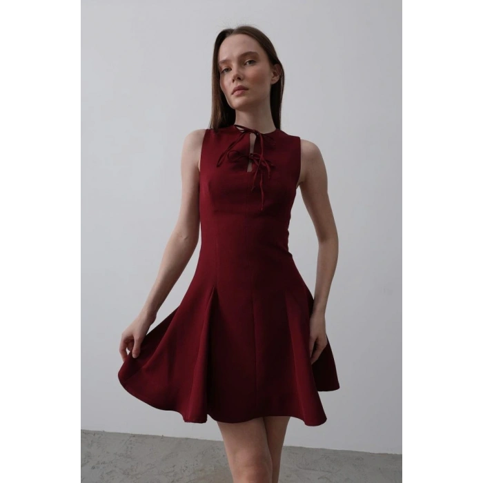 Fiyonk Detay ıfır Kollu Mini Elbise  Bordo