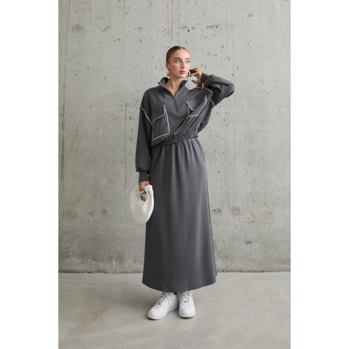 Füme Biyeli Sweatshirt Ve Etek Takım