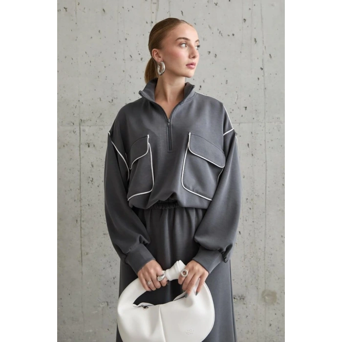 Füme Biyeli Sweatshirt Ve Etek Takım