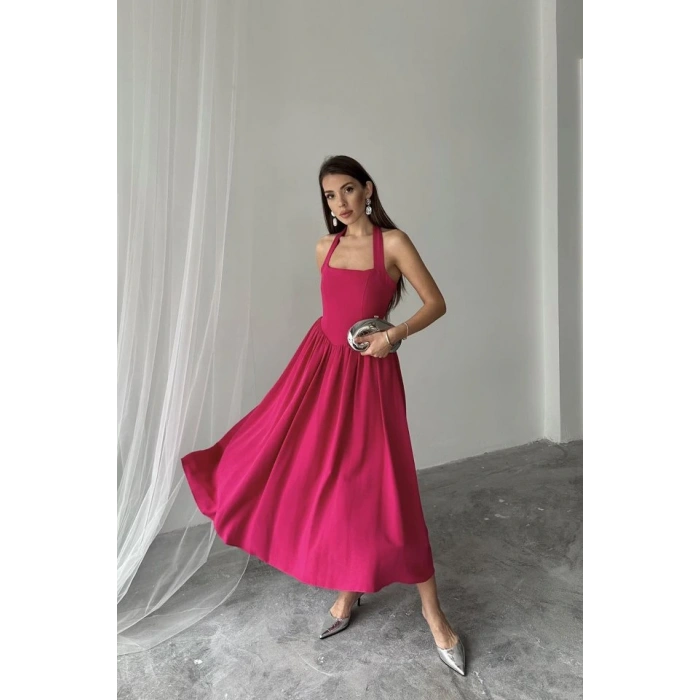 Fuşya Boyundan Bağlamalı Keten Elbise
