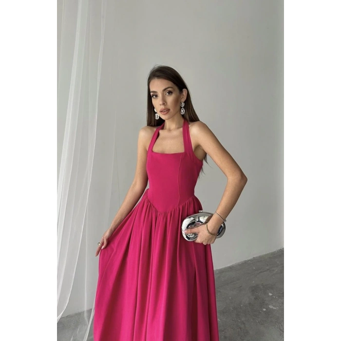 Fuşya Boyundan Bağlamalı Keten Elbise