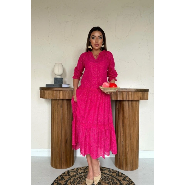 Fuşya Dantelli New Elbise