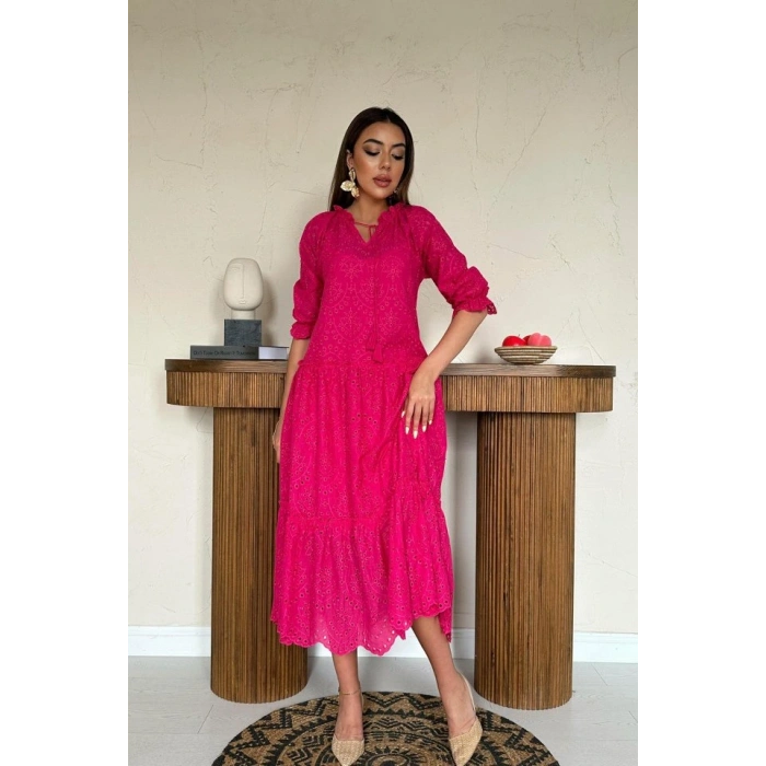 Fuşya Dantelli New Elbise