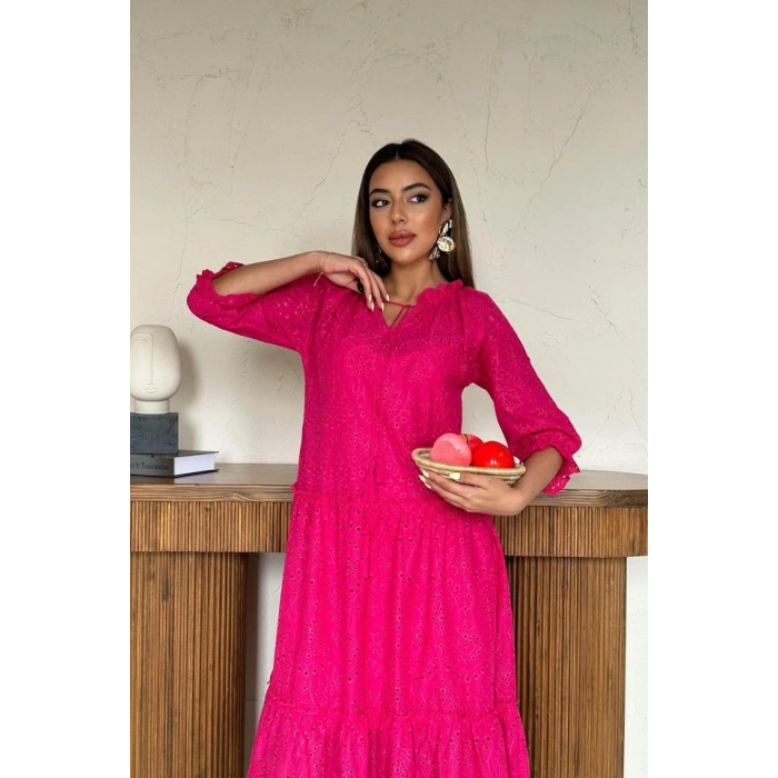 Fuşya Dantelli New Elbise