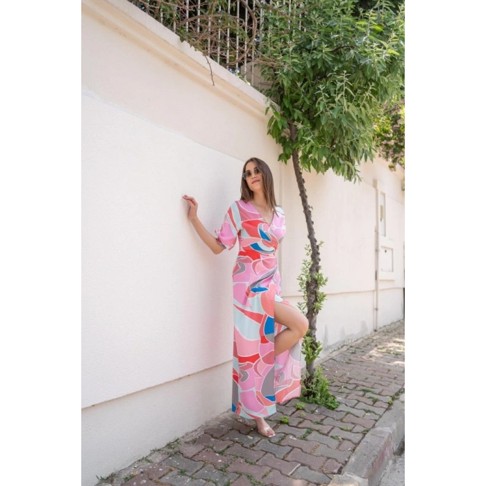 Fuşya Desenli Yırtmaçlı Elbise