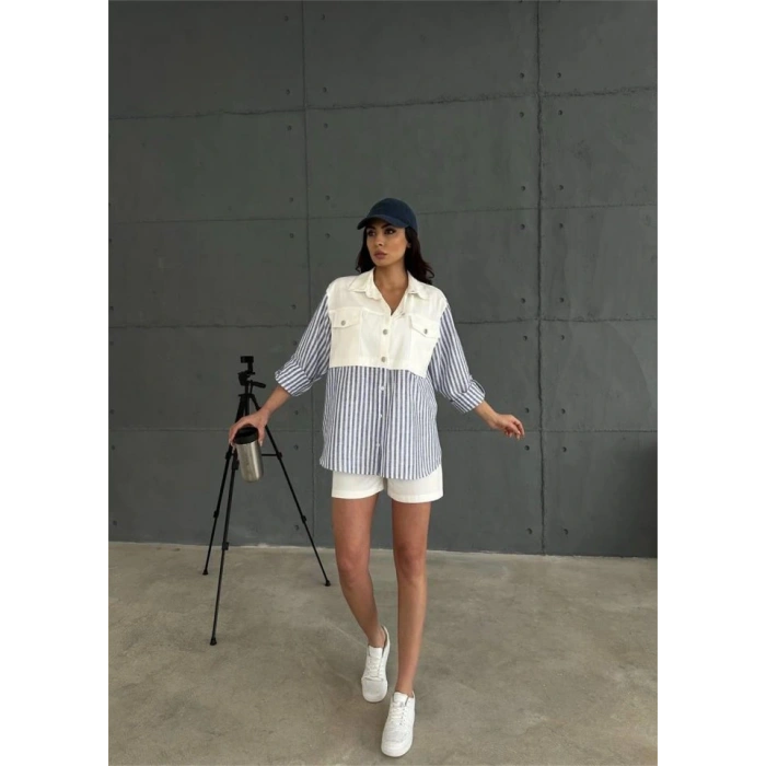 GABARDİN ŞORT  GABARDİN  ÇİZGİİ KETEN GARNİİ CEKET TAKI  acivert