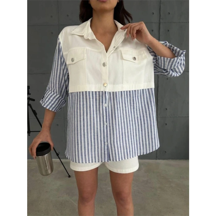 GABARDİN ŞORT  GABARDİN  ÇİZGİİ KETEN GARNİİ CEKET TAKI  acivert