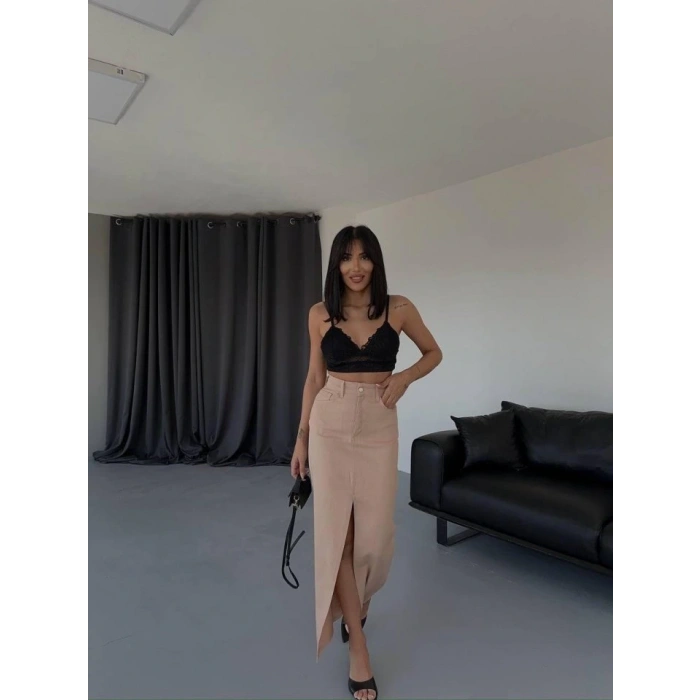 GABARDİN UZUN ÖNDEN YIRTAÇI ETEK  Kahverengi