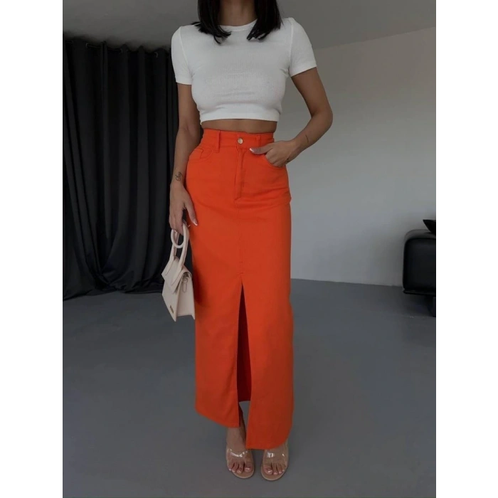 GABARDİN UZUN ÖNDEN YIRTAÇI ETEK  Turuncu